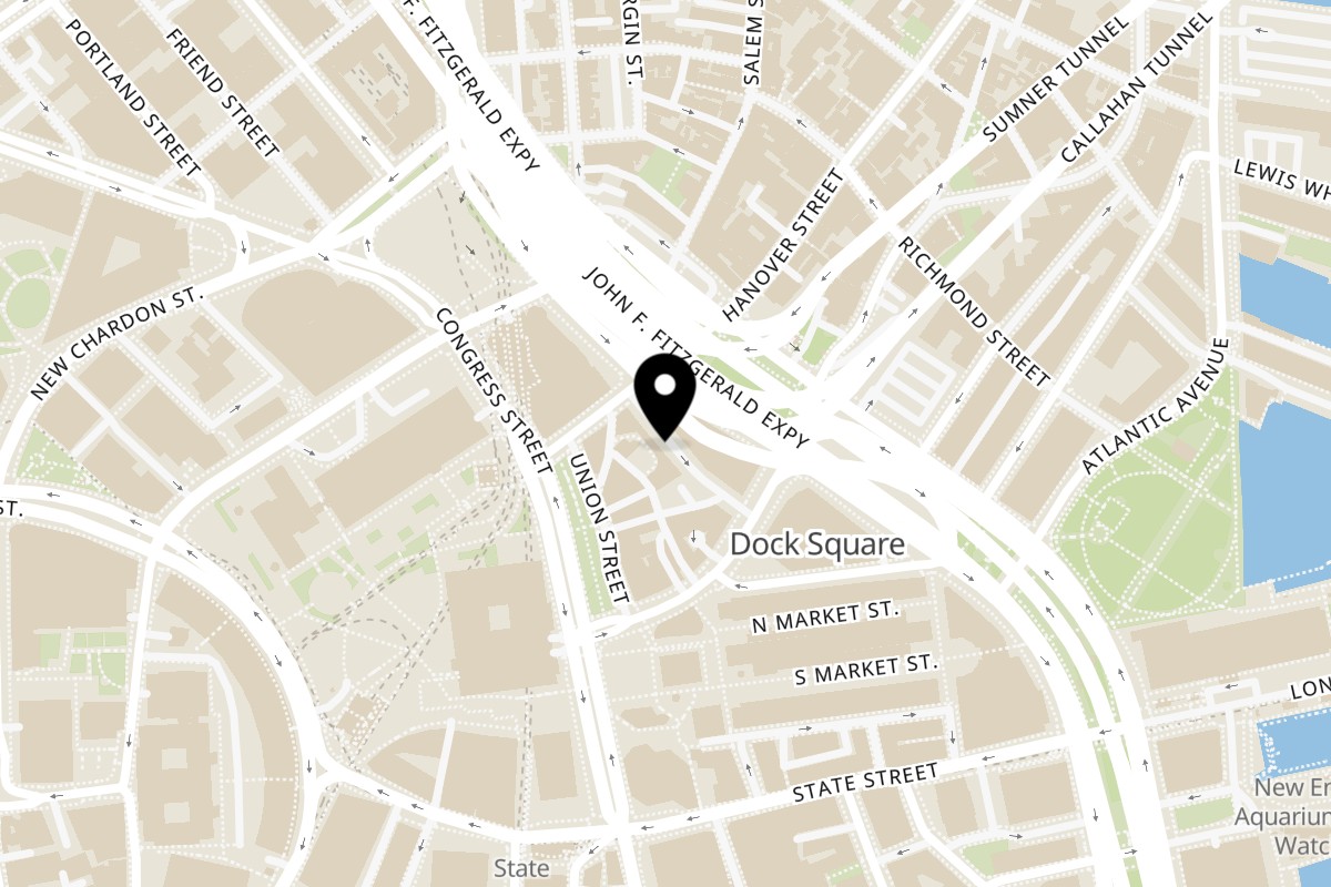 Map showing the location of Beantown Pastrami on 100 Hanover St in Boston